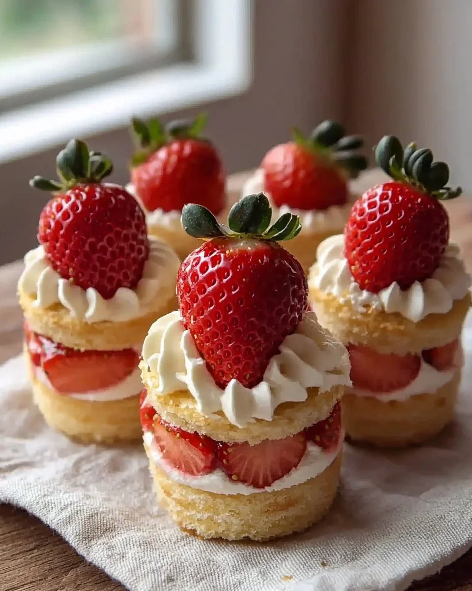 Valentine Mini Strawberry Shortcakes garnished with fresh strawberries and whipped cream
