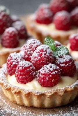 Delicious Vanilla Cream Tarts topped with Fresh Raspberries on a white plate.