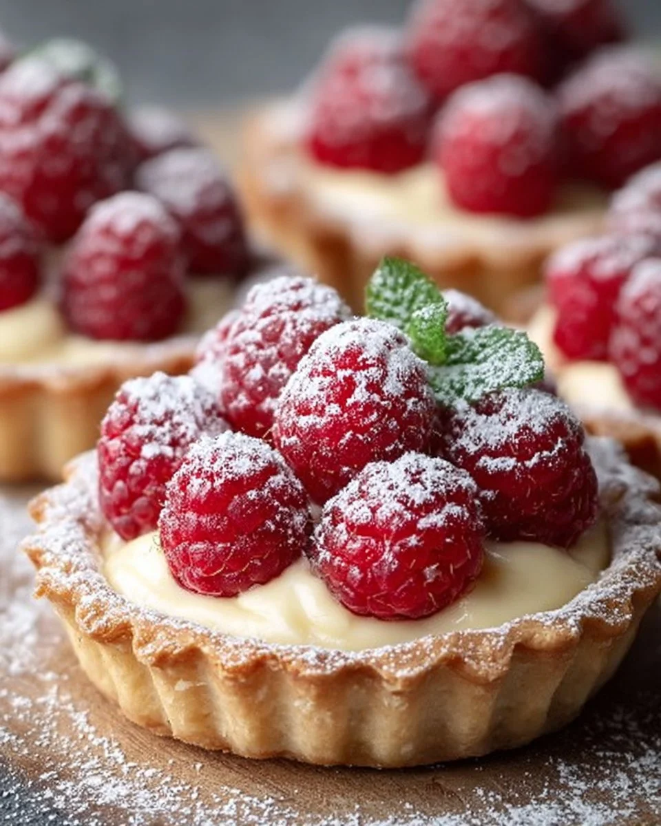 Delicious Vanilla Cream Tarts topped with Fresh Raspberries on a white plate.