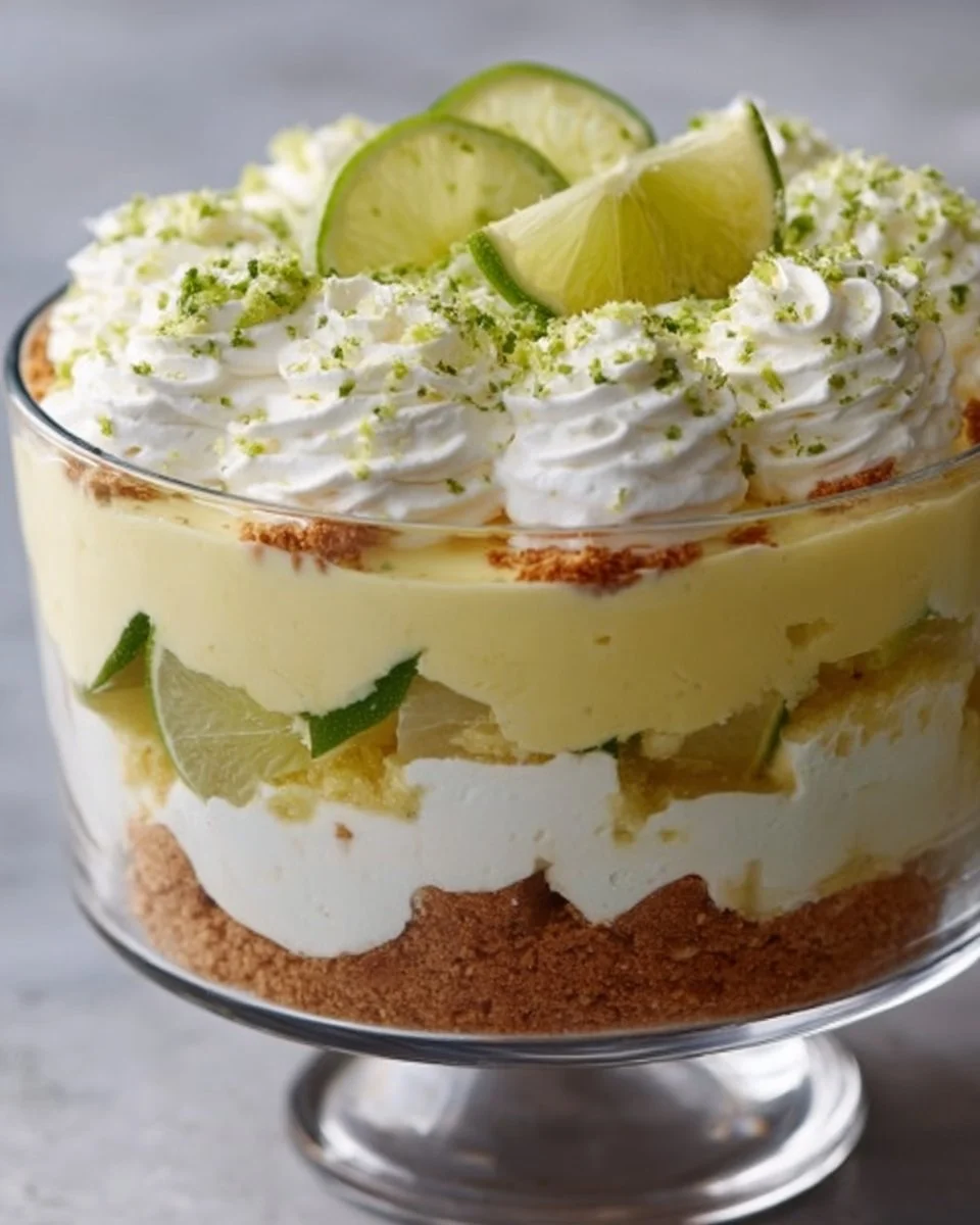 Delicious Zesty Key Lime Pie Trifle layered with lime curd and whipped cream.
