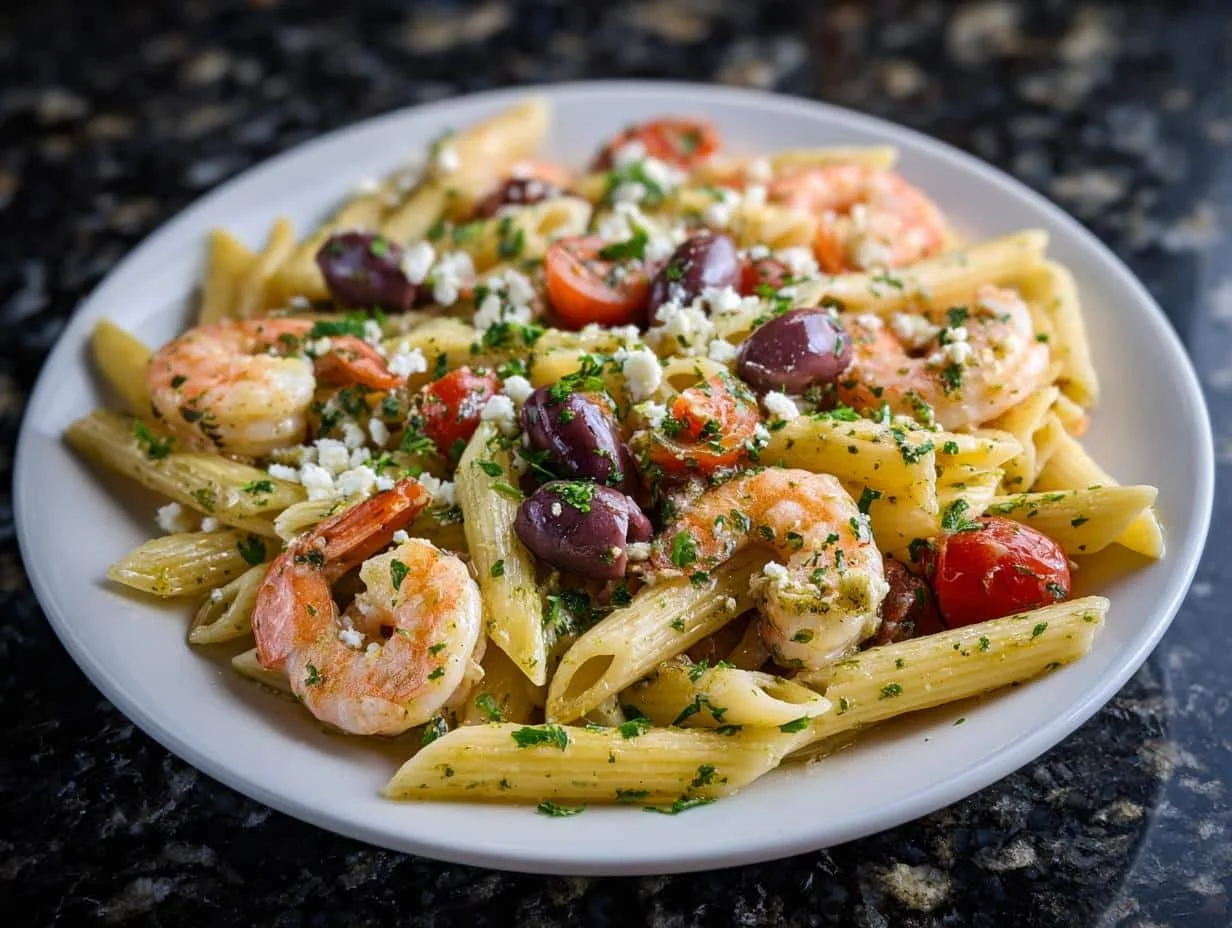 A vibrant bowl of Mediterranean Shrimp Penne with fresh herbs and pasta