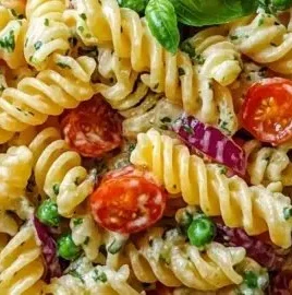 Bowl of addictive crack pasta salad with colorful vegetables