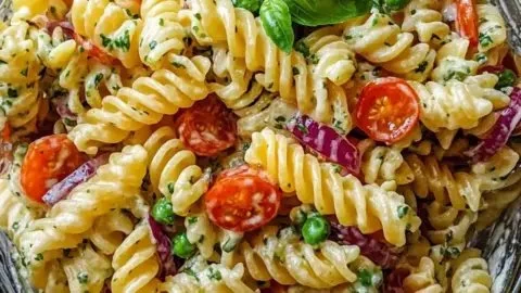Bowl of addictive crack pasta salad with colorful vegetables