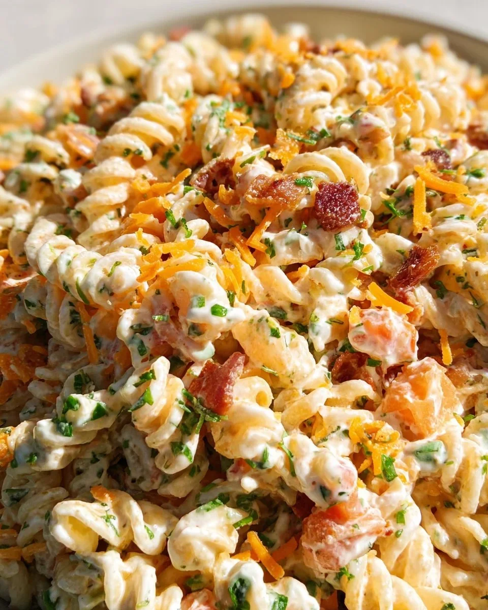 Bacon Ranch Pasta Salad with crispy bacon and ranch dressing in a bowl