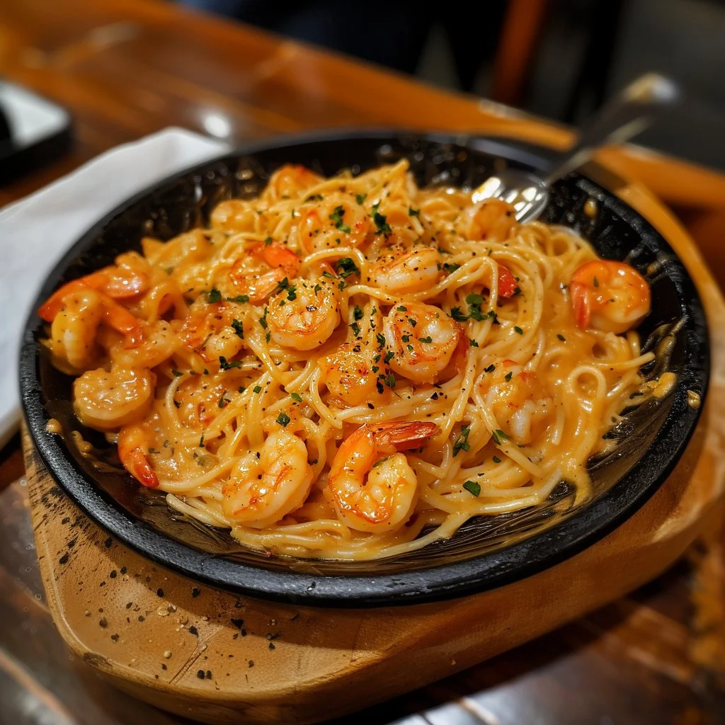 Bang Bang Shrimp Pasta served with creamy sauce and garnished with green onions