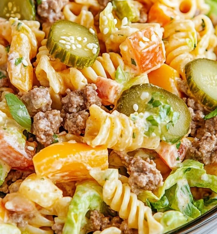 Big Mac Pasta Salad with hamburger meat, pasta, and special sauce in a bowl
