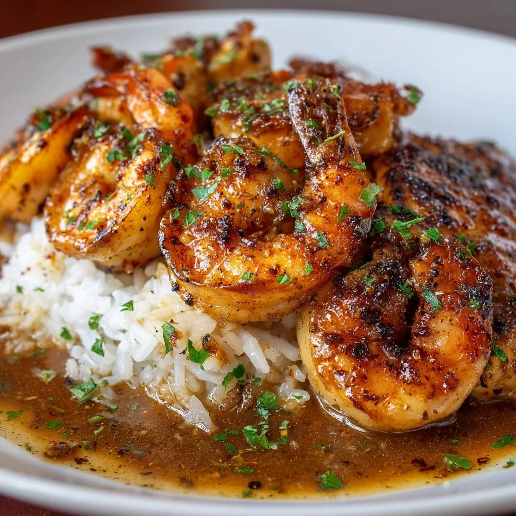 Delicious Bourbon Street Chicken and Shrimp served with creamy sauce