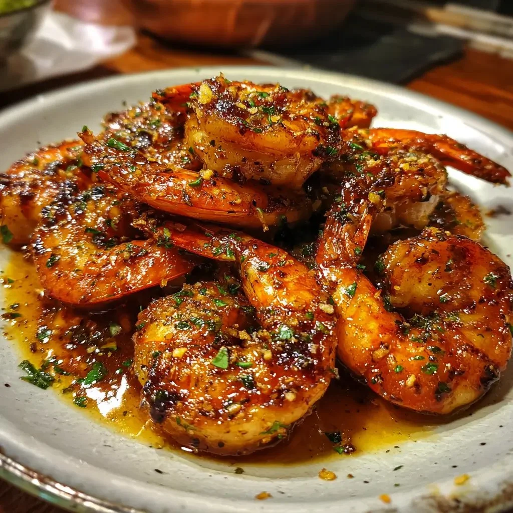 Cajun Hot Honey Shrimp served on a plate with garnishes.