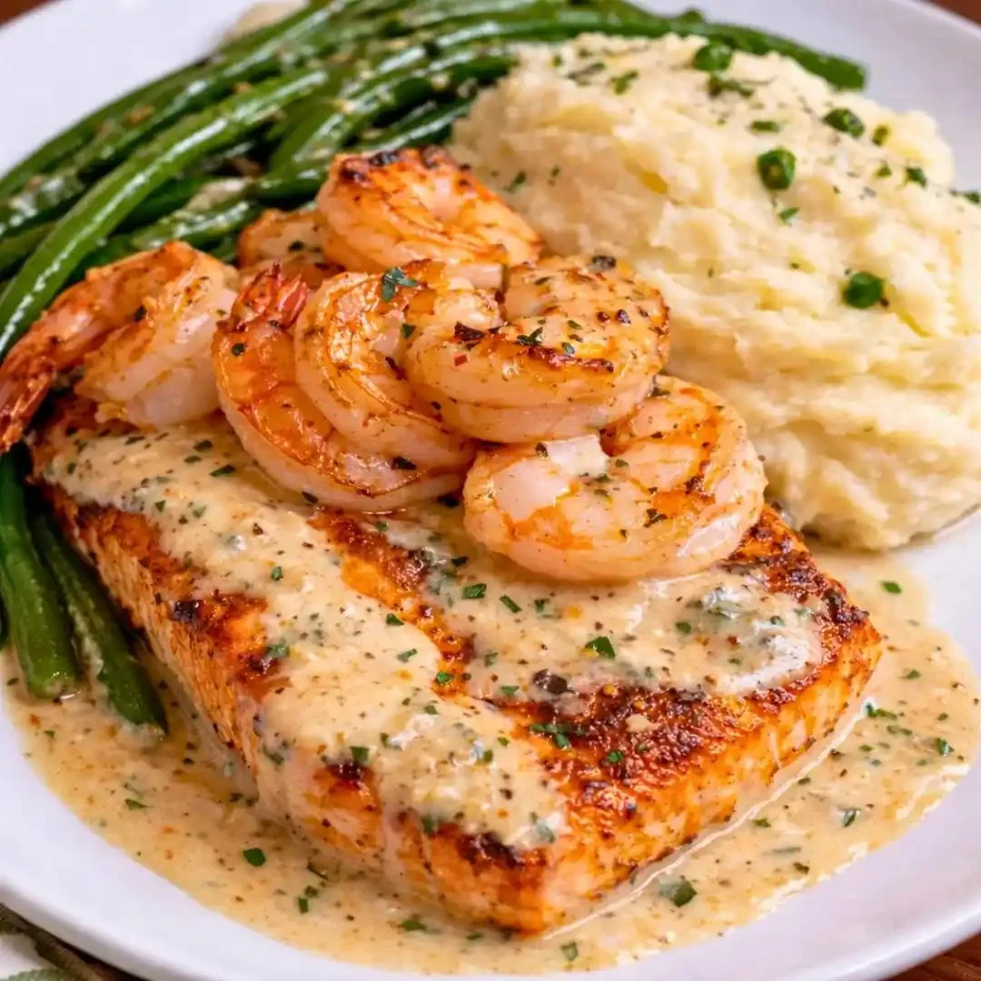 Cajun shrimp and salmon served with creamy garlic sauce on a plate
