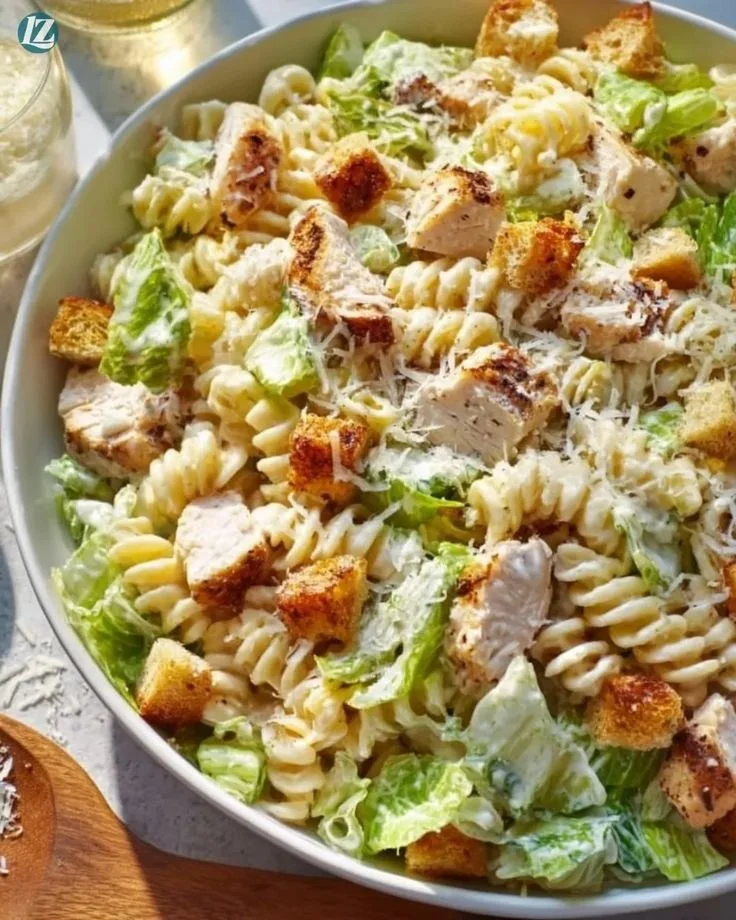 Creamy chicken pasta dish served in a bowl with herbs