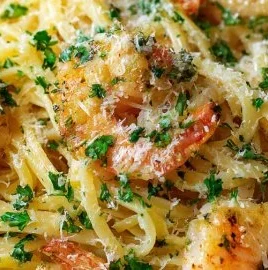 Creamy garlic shrimp pasta with fresh herbs and a hint of spice, served on a plate.