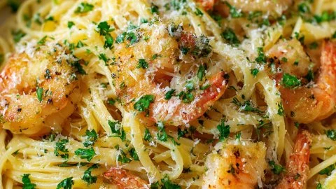 Creamy garlic shrimp pasta with fresh herbs and a hint of spice, served on a plate.