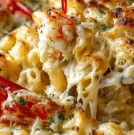 Creamy shrimp and crab alfredo pasta bake with cheese crust served in a dish.