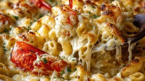 Creamy shrimp and crab alfredo pasta bake with cheese crust served in a dish.