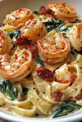 Creamy sun-dried tomato shrimp with spinach pasta served on a plate