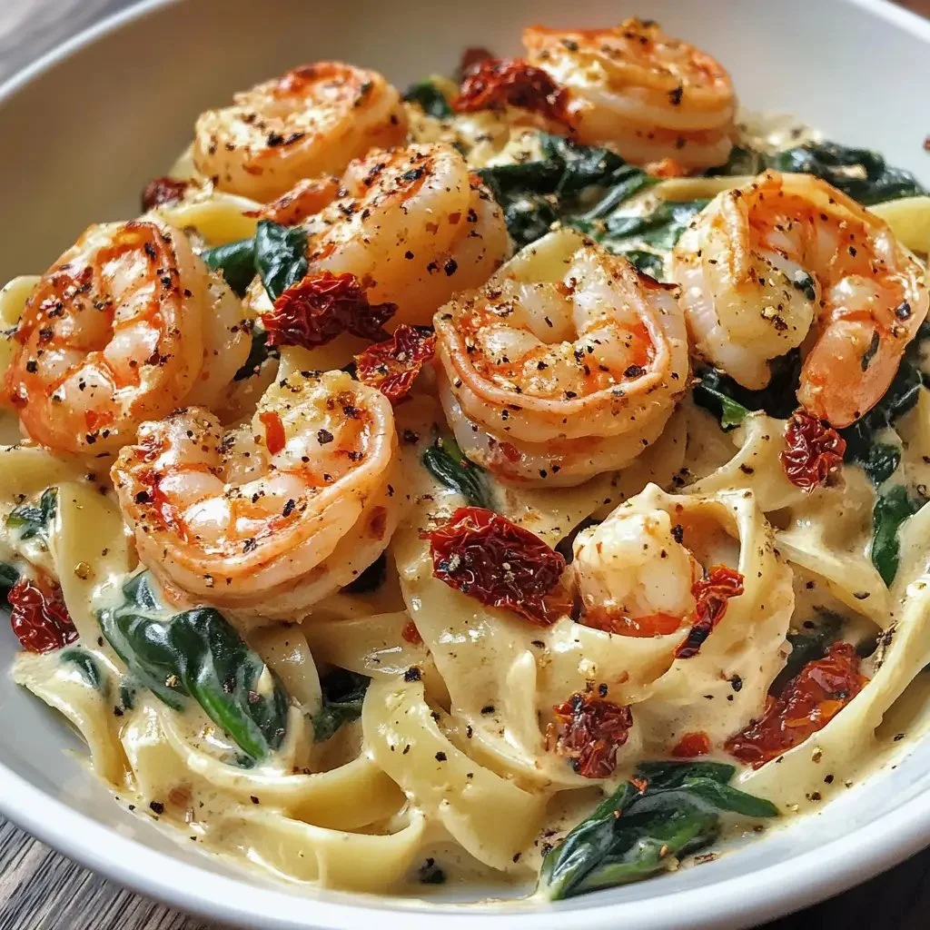 Creamy sun-dried tomato shrimp with spinach pasta served on a plate