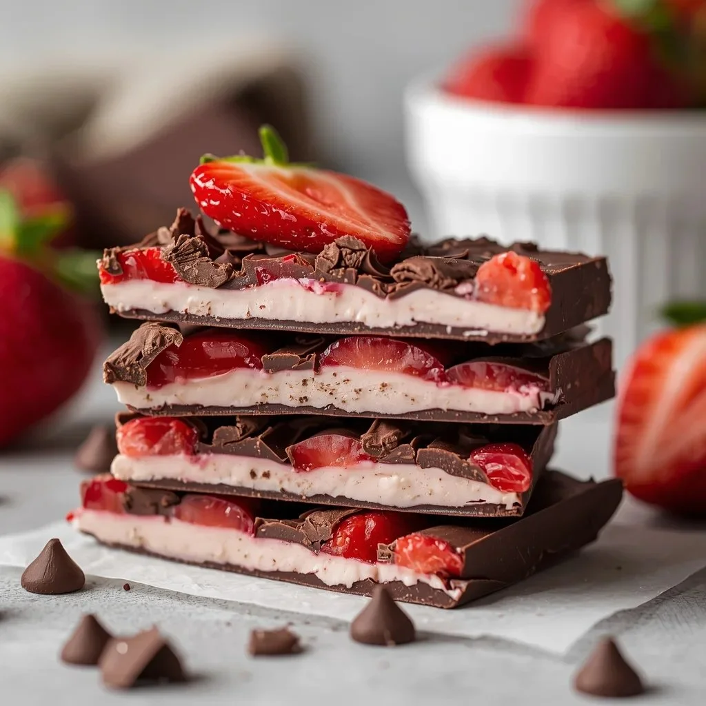 Easy chocolate strawberry yogurt bark dessert on a plate