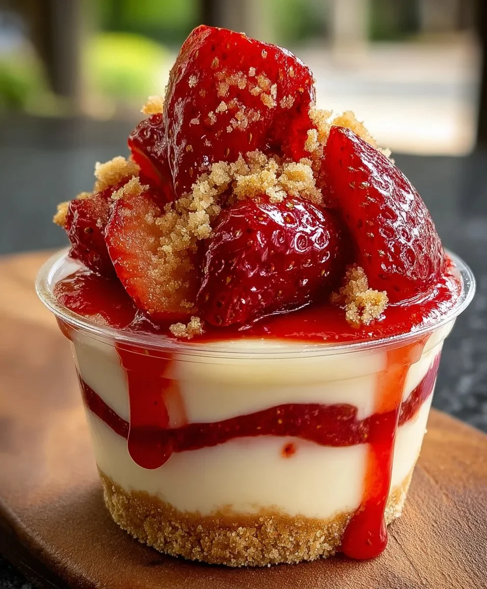 No-bake strawberry cheesecake cups topped with fresh strawberries