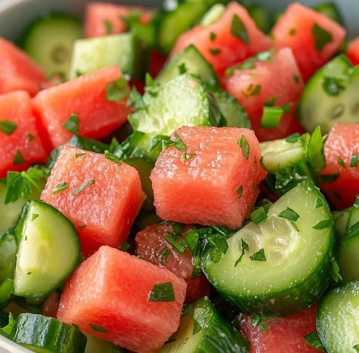 Easy watermelon cucumber salad with fresh ingredients in a bowl