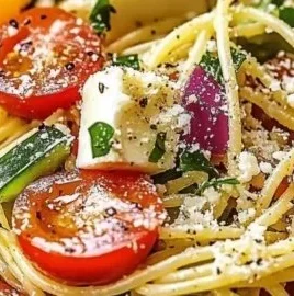 Delicious Mediterranean Spaghetti Salad with fresh vegetables and herbs