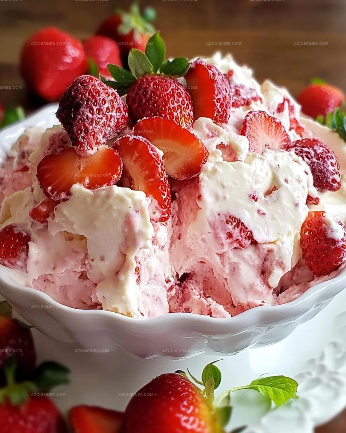 Frozen Strawberry Dessert Salad with vibrant strawberries and creamy texture