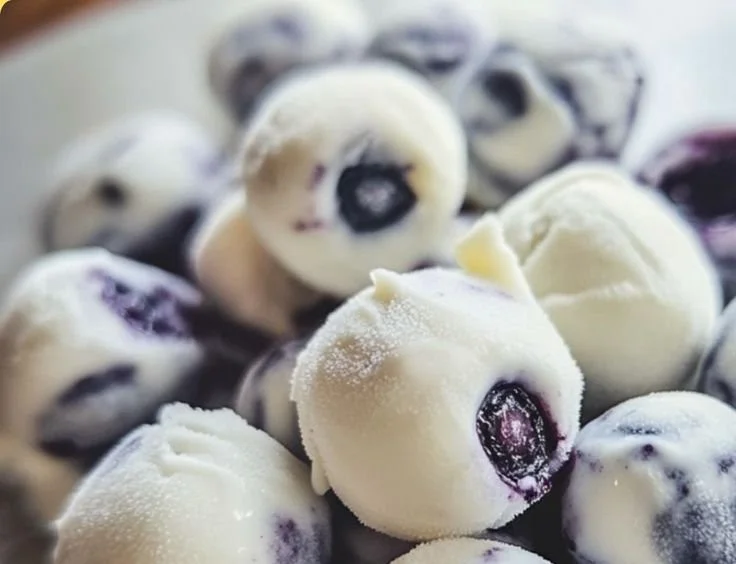 Frozen yogurt blueberry bites served in a bowl with fresh blueberries.