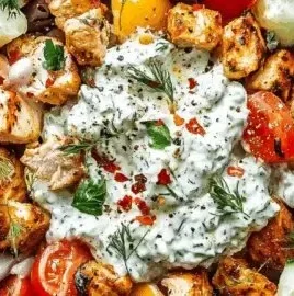 Greek Chicken Tzatziki Bowl with grilled chicken, fresh vegetables, and tzatziki sauce