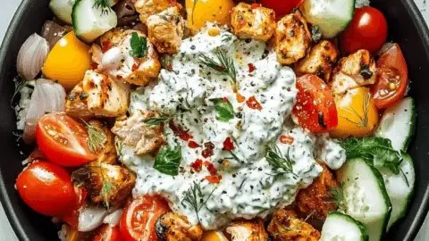 Greek Chicken Tzatziki Bowl with grilled chicken, fresh vegetables, and tzatziki sauce