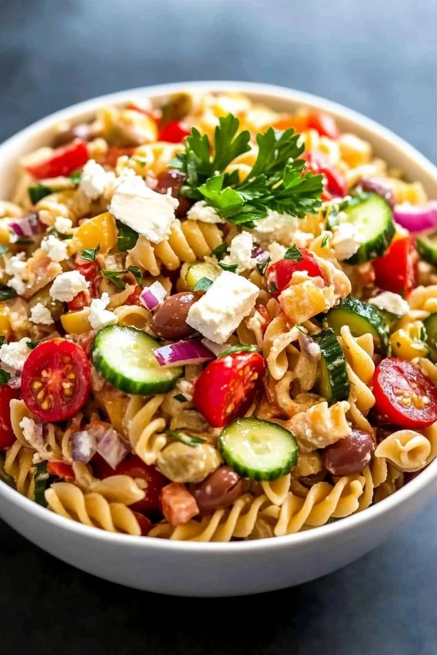 Delicious Greek Pasta Salad with olives, feta, and fresh vegetables