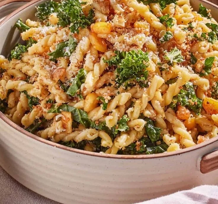 Hearty high-protein lemony kale pasta salad with fresh ingredients