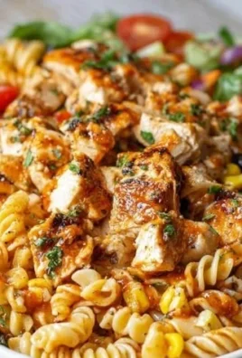 High protein BBQ chicken pasta salad with colorful vegetables and dressing