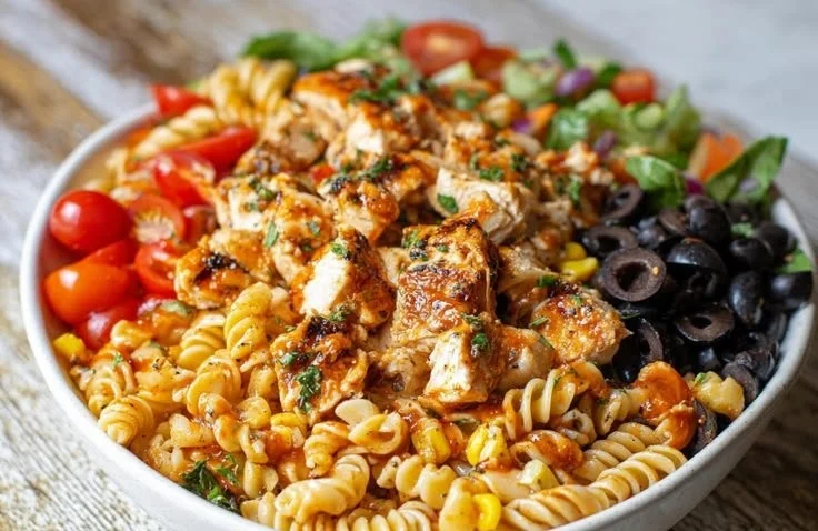 High Protein BBQ Chicken Pasta Salad