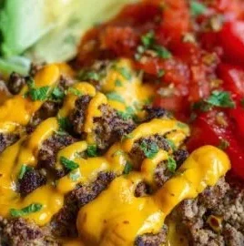 High-protein cheeseburger bowls with ground beef and burger sauce for meal prep.