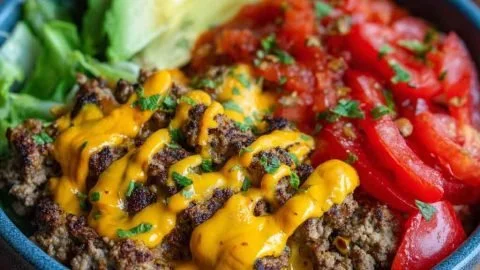 High-protein cheeseburger bowls with ground beef and burger sauce for meal prep.