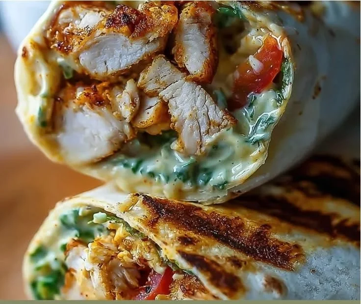 High Protein Chicken Burrito filled with grilled chicken, brown rice, and veggies