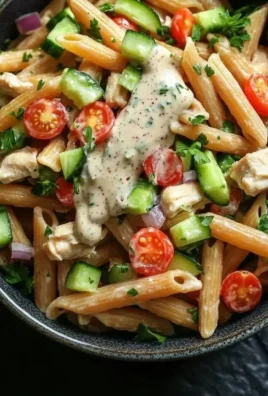 Bowl of high protein chicken pasta salad with colorful vegetables