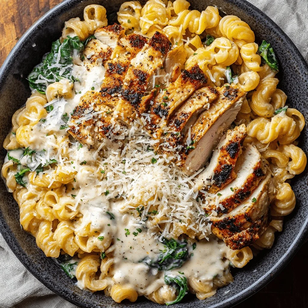 High protein garlic parmesan pasta bowl with 384 calories and 36g protein