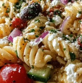 High-Protein Greek Pasta Salad with fresh vegetables and olives
