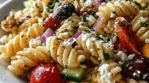 High-Protein Greek Pasta Salad with fresh vegetables and olives
