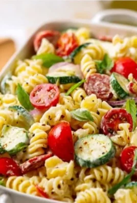 High-protein Italian pasta salad with colorful vegetables and dressing