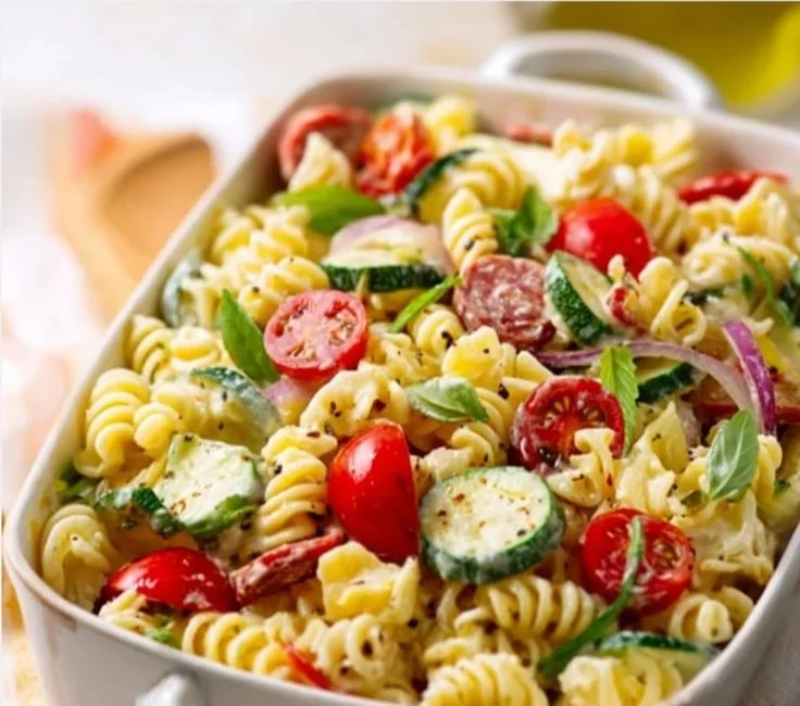 High-protein Italian pasta salad with colorful vegetables and dressing