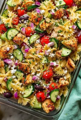 Colorful bowl of Homemade Greek Chicken Pasta Salad with fresh vegetables and chicken