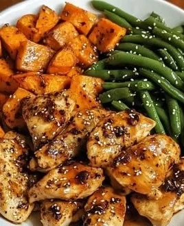 Honey Garlic Chicken with roasted sweet potatoes on a plate