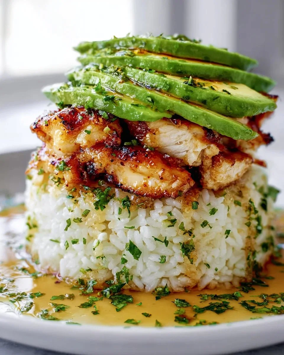 Delicious honey lime chicken avocado rice stack topped with fresh ingredients