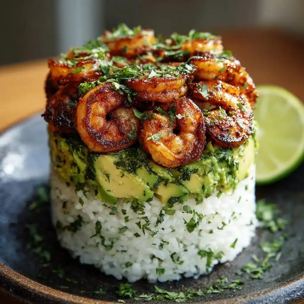 Honey Lime Shrimp and Avocado Rice Stack with colorful ingredients