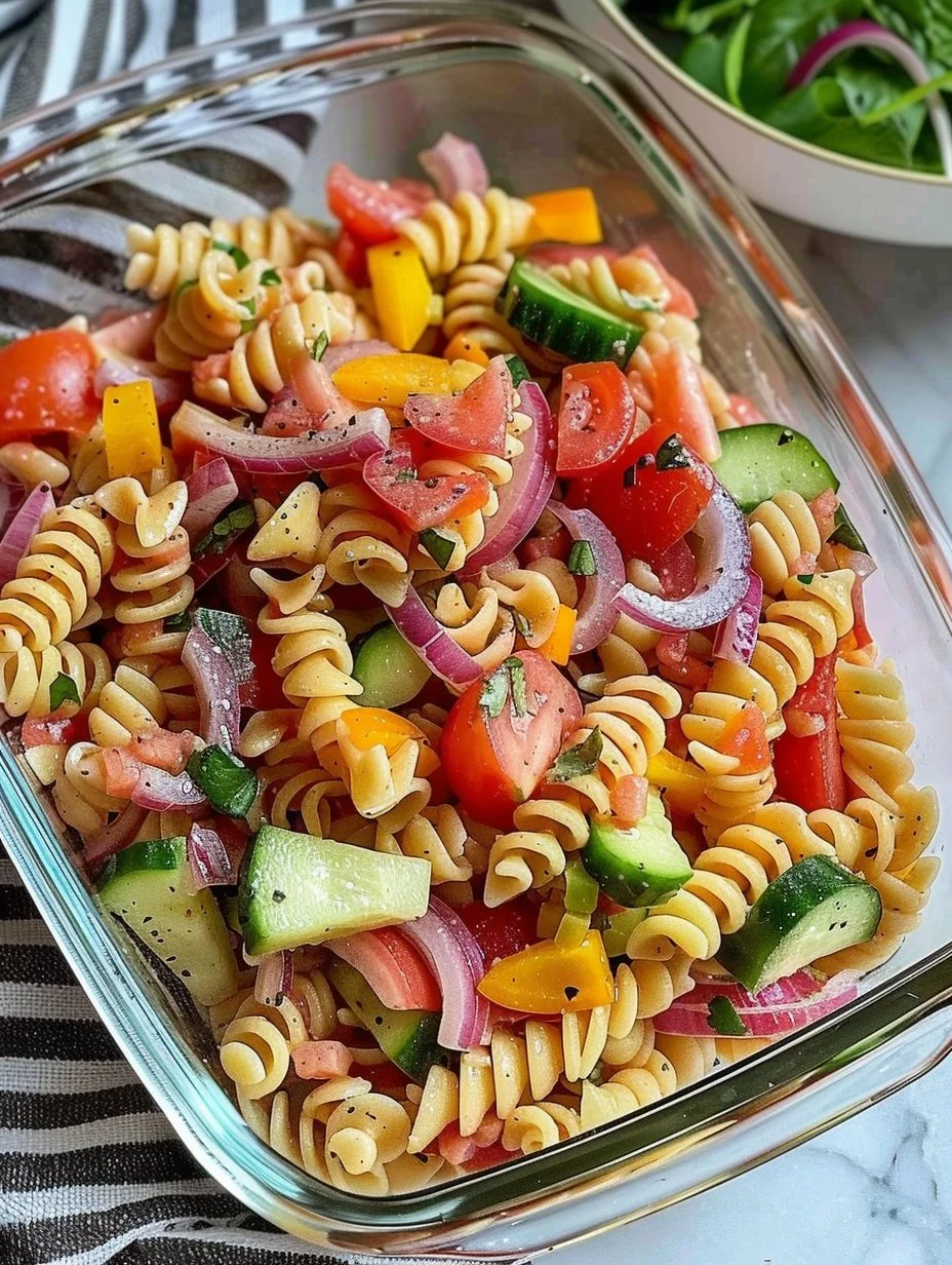 Bowl of Italian pasta salad with fresh vegetables and herbs