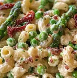 Lemon-Dijon asparagus and pea macaroni salad in a bowl, garnished for spring.