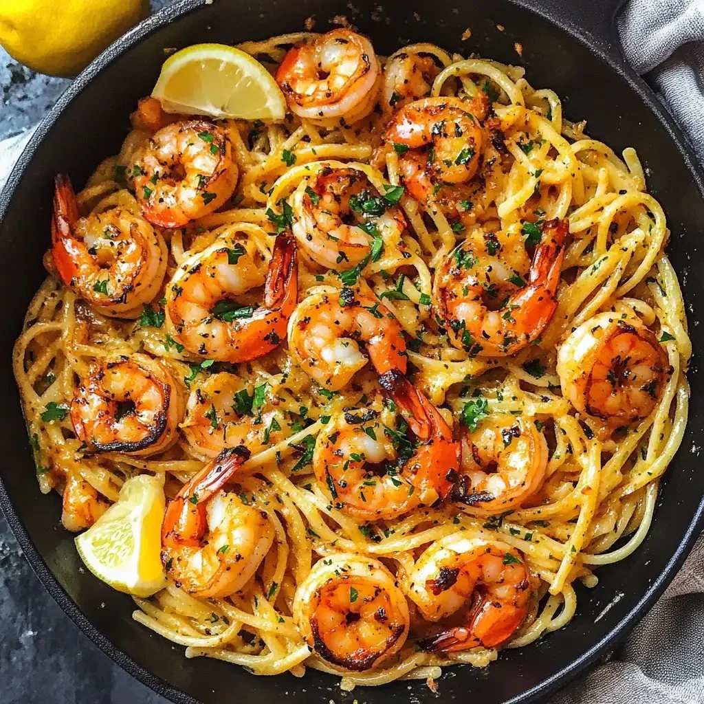 Lemon Garlic Butter Shrimp Pasta served in a bowl, garnished with parsley