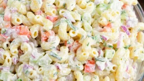 Delicious homemade macaroni salad served in a bowl