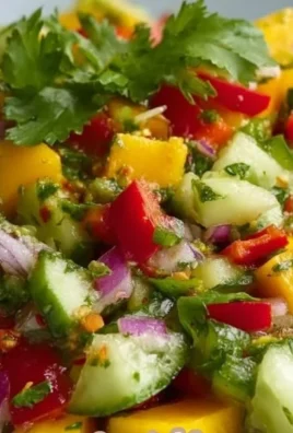 Fresh and colorful mango salad with vegetables and dressing